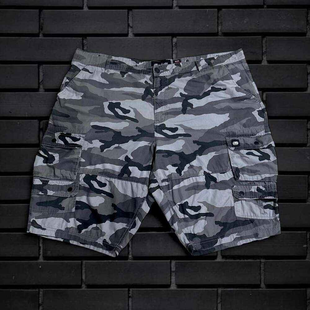 Y2K Extra Baggy Long 46W Ecko Unltd. Men Grey Camo Cargo Shorts Camouflage Stree